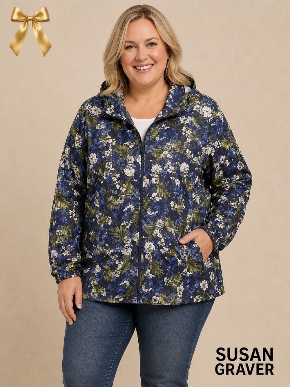 Susan Graver Water Resistant Packable Windbreaker Hoodie Olive Blue 2X